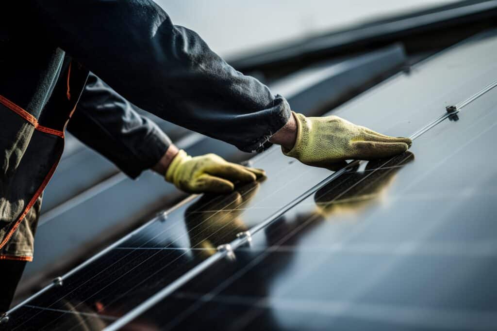 Anställd på ett solpanelsinstallationsföretag på taket under montering av ett solcellssystem